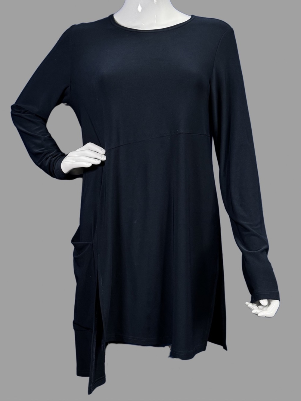 Sympli Navy Long Sleeve Tunic Top with Asymmetrical Hemline and Pocket